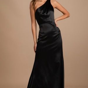 One Shoulder Maxi Dress - Black Satin